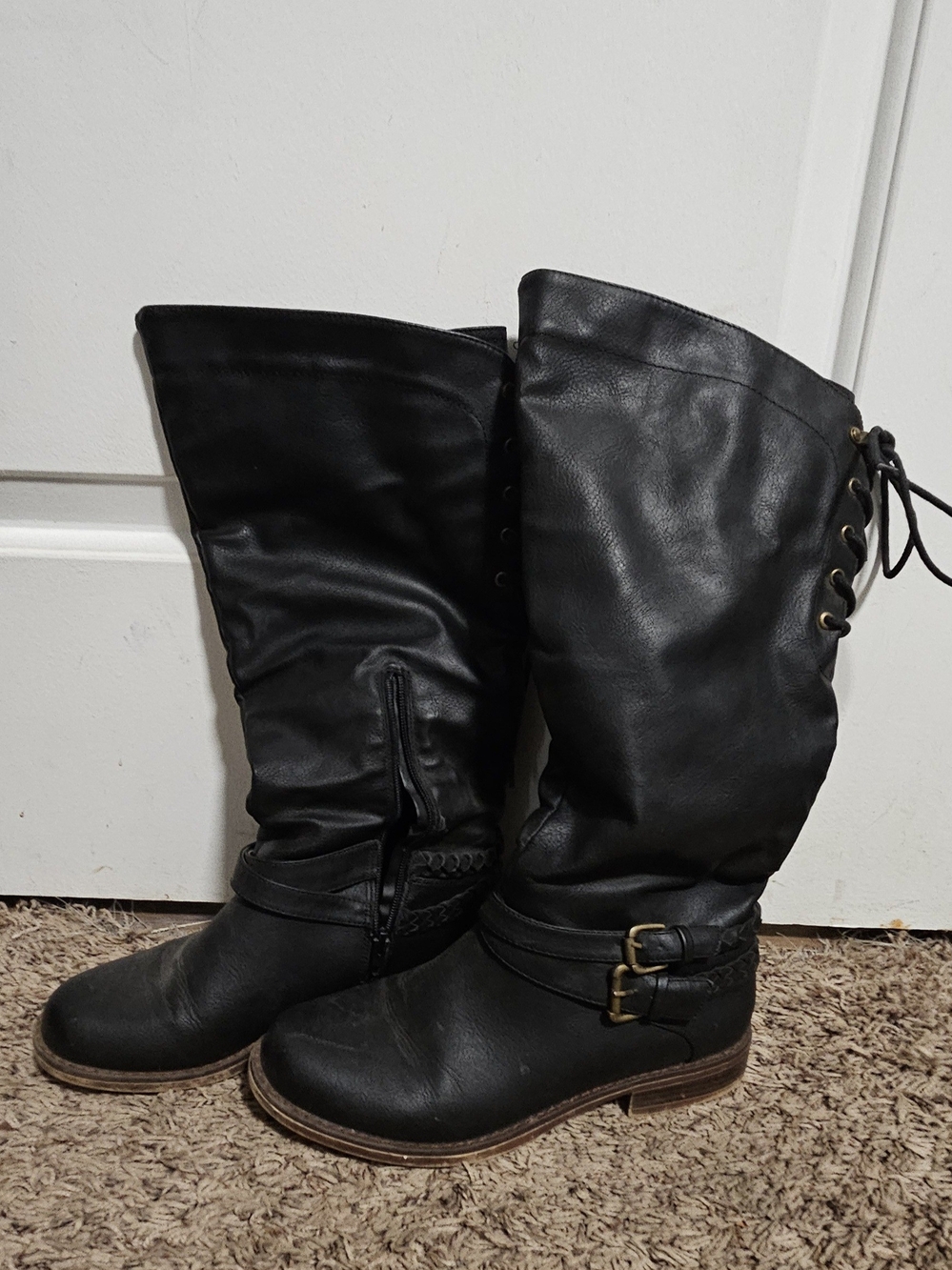 Women's Black Mid-Calf With Buckle, Lace-Up Back, And Zipper Boots